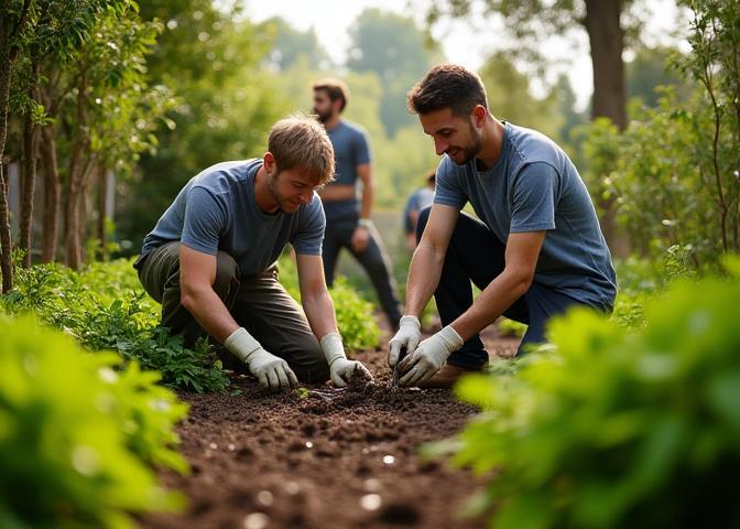 Équipe Vert Jardin Services en train d'aménager un jardin
